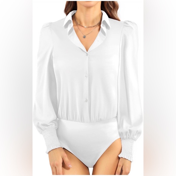 LIKE NEW Mangopop Long Sleeve Button Down Collared Bodysuit White Size M - Picture 11 of 14